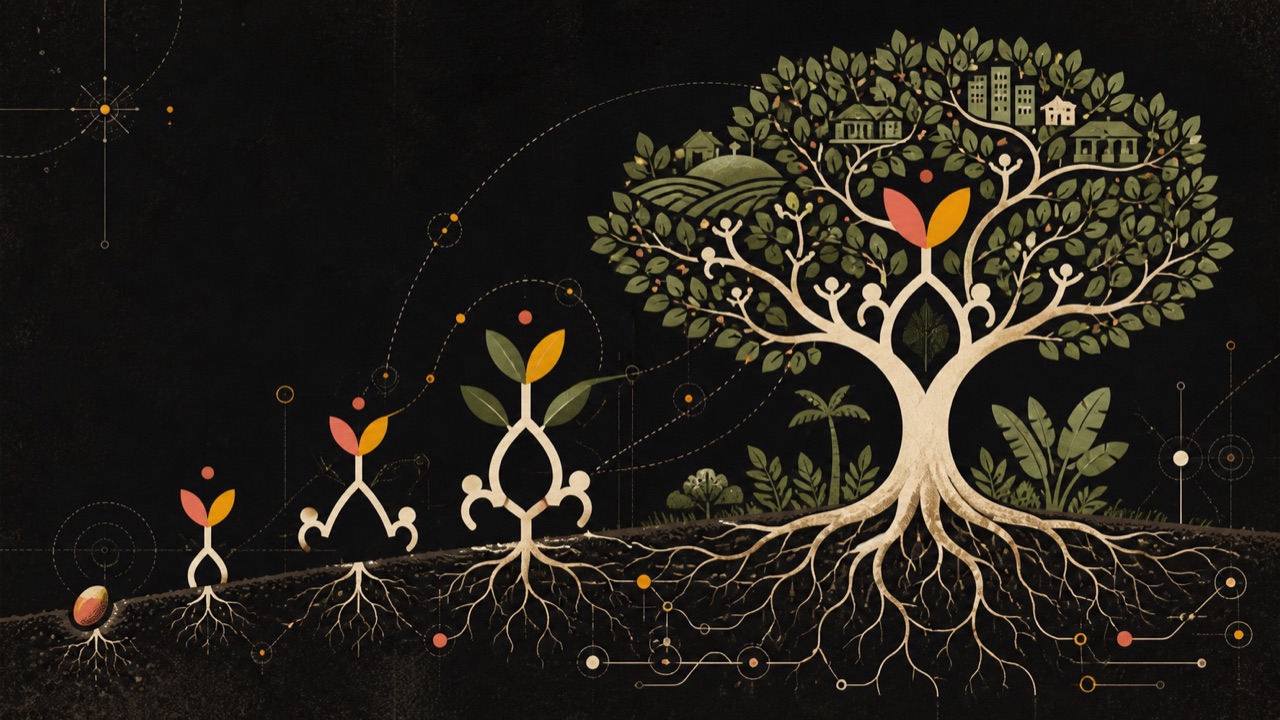 A seed growing through connected sprout stages into a large Ánimo tree